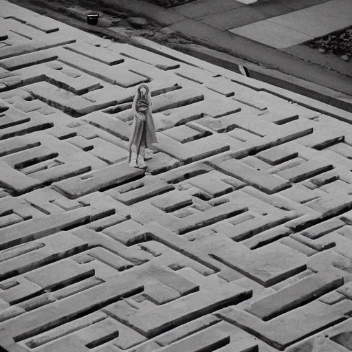 Prompt: thin, blonde women, lost on a labyrinth of concret building, photograph, HD, Minsk, 1995