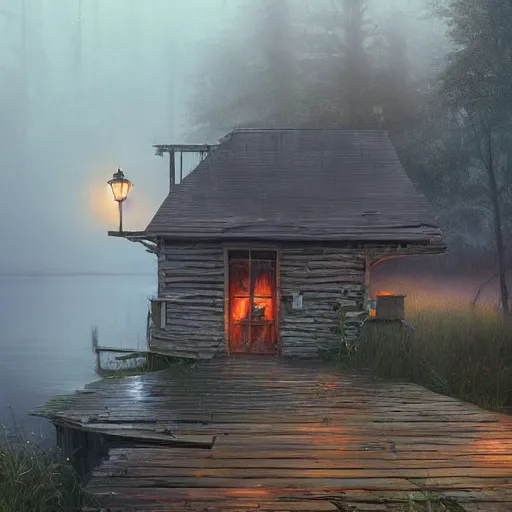 Prompt: movie scene of a old wooden dock and bait and tackle shack on a very misty day, greg rutkowski, loish, rhads, ferdinand knab, makoto shinkai and lois van baarle, artgerm, ian mcque, pixar, ilya kuvshinov, rossdraws, tom bagshaw, global illumination