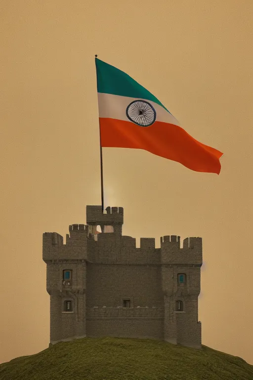 Prompt: indian flag on castle, 3 d, volumetric, photo by alexey kurylev clouds, octane, 3 d render, 3 ds max + vray, art by beeple, india, cinematic