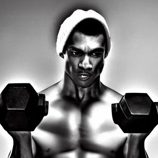 Image similar to black & white epic!!! photograph of super mario in the gym lifting a dumbbell with one hand, very angry!!!!!! face, motivational poster, highly detailed, cinematic lighting, photo, award - winning photograph, professional photograph, dramatic posing, 8 k quality, dramatic rim lighting, high quality