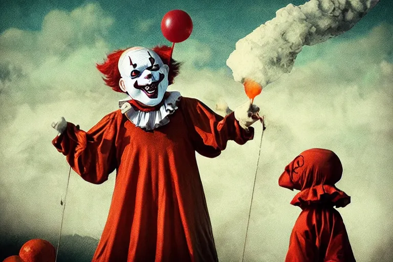 Prompt: pennywise as pulcinella! making pizza, vesuvius spewing lava in the background, glowing pools of lava, dark cloudy sky, by esao andrews, by james jean, full body, wide angle, post - apocalyptic, hyperrealistic, big depth of field, 3 d octane render, 4 k, perfect symmetrical face, masterpiece, hyperrealistic, trending on deviantart