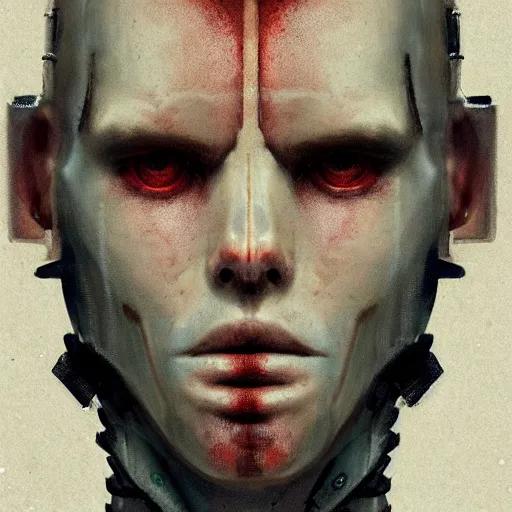 Image similar to close-up, symmetrical!, portrait of a young man, bruised and scarred! cyberpunk, techwear! by Greg Rutkowski, matte painting, trending on artstation