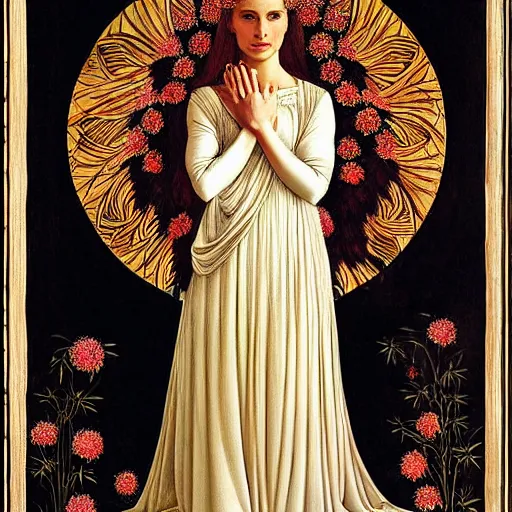 Image similar to natalie portman as the goddess of spring, elegant portrait by sandro botticelli, detailed, symmetrical, intricate