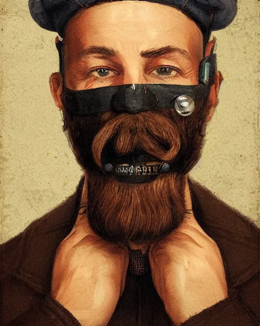 Image similar to a portrait of a male vintage thief with three-day beard, eye mask and cap by Cedric Peyravernay