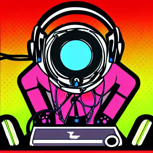 Prompt: svg sticker of a Mecha-Robot-Alien-DJ at a rave, spinning records, giant headphones rocking out, wearing headphones, huge speakers, dancing, rave, DJ, spinning records, digital art, amazing composition, rule-of-thirds, award-winning, trending on artstation, featured on deviantart