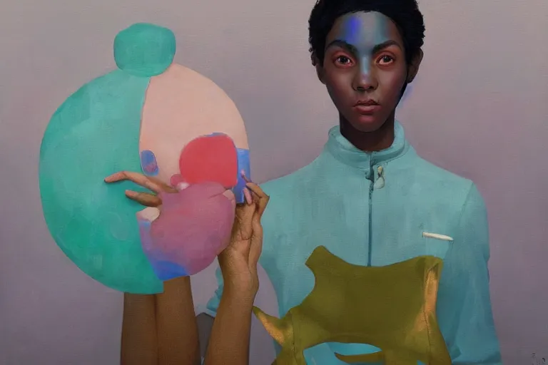 Prompt: a gamer girl with iridescent skin by amy sherald