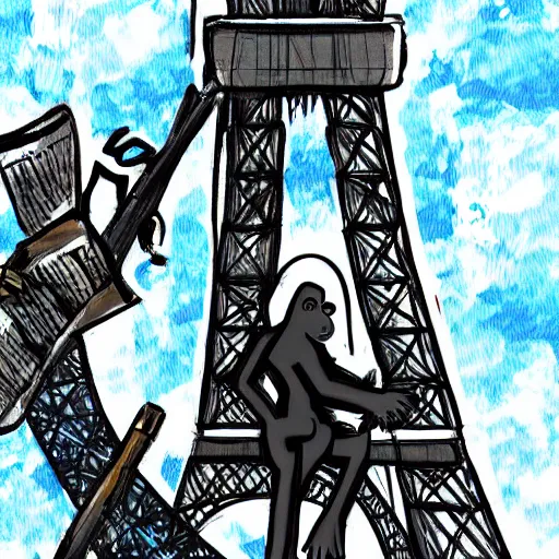 Prompt: A giant ape climbing the Eiffel tower while wearing a beret with a baguette in his hand, Detailed Digital art