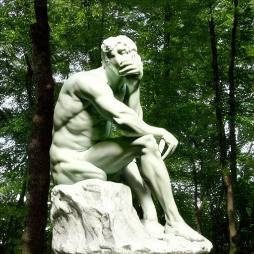 Image similar to The thinker sculpture by auguste rodin in the style of William Bartram mushrooms at the base , placed in a lush forest