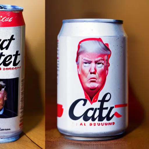 Image similar to a dslr photograph of a can of diet coke with donald trump's face on it, 8 5 mm f 2