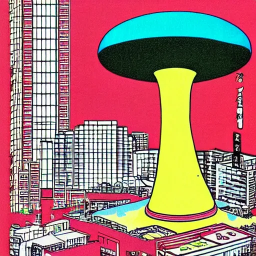 Prompt: nuclear mushroom in Tokyo by Toshio Saeki