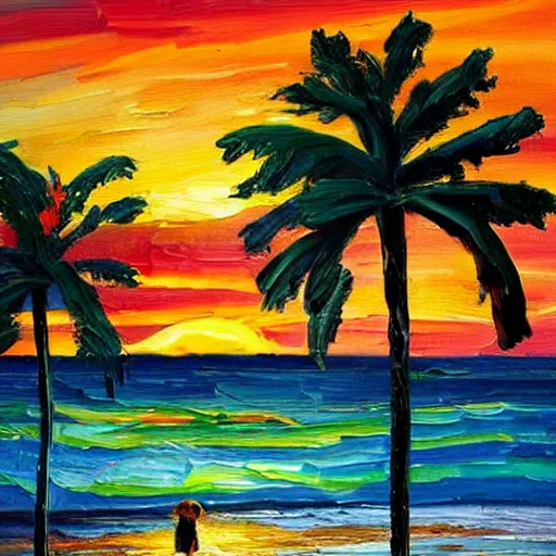 Image similar to a very very small island! woman!!! fireplace!! palm trees, dark very late evening cloudy sunset, dramatic and dynamic lighting, thick brush strokes oil impasto painting