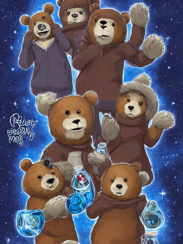 Prompt: resolution 4k furry brown bear in blue hoodie family together happy cool galactic color background made in abyss design Tony DiTerlizzi story book fantasy bearstine bears A anthropomorphic rabbit, dog, cat and bear wearing red track suits on a shady street playing dice in an alleyway squatting while holding red solo cup during midnight in the style soft and warm ,white birtch , the value of love a clear prismatic pink sky, loss , unnerving , disheartening , love, warm ,Luminism, prismatic , fractals , anthro bear cute , art in the style of Tony DiTerlizzi , Francisco de Goya and Akihito Tsukushi and Gustave dore and Arnold Lobel