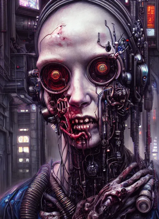 Prompt: portrait of cyberpunk zombie, hyper detailed masterpiece, dystopian background, jean giraud, digital art painting, darkwave goth aesthetic, lovecraftian, artgerm, donato giancola and tom bagshaw