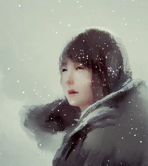 Image similar to face portrait of a beautiful girl in a coat, close portrait, snow - covered small house in a background, night, stars in the sky, the milky way in the sky, winter landscape, painting by craig mullins, octane rendering, wide angle lens, in the style of hayao miyazaki, trending on artstation,