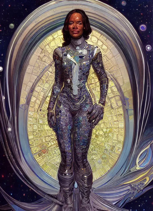 Prompt: portrait of Krys Marshall wearing a space suit, intricate, elegant, highly detailed, centered, digital painting, artstation, concept art, smooth, sharp focus, illustration, art by android jones and donato giancola and alphonse mucha