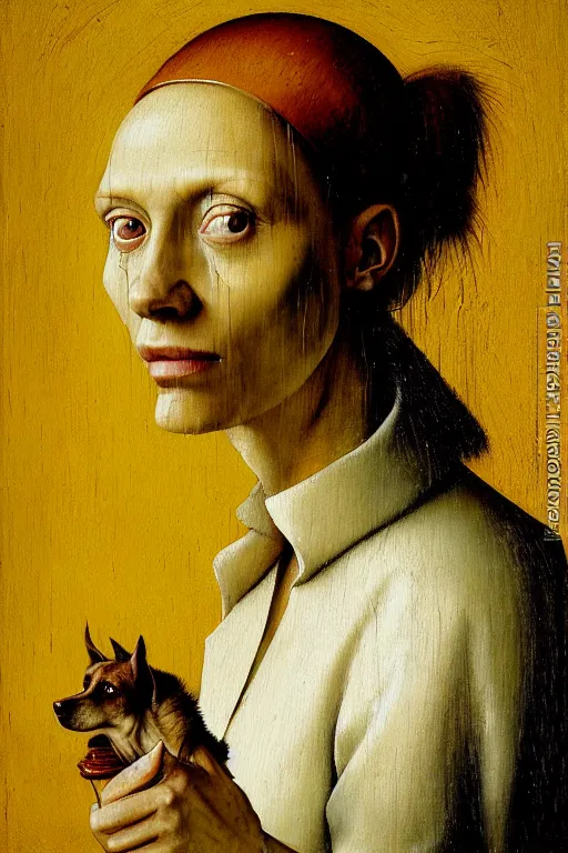 Image similar to hieronymus bosch, greg rutkowski, anna podedworna, painting of a brown haired dog eared girl with yellow blazer over a white dress who works at a bakery, close up portrait