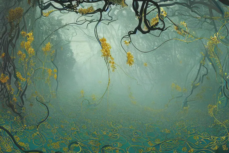 Prompt: abstract forest with flowers and vines in teal and green and grey, trending on artstation, elaborate, ornate, swirls, vines, ultra fine detail, golden ratio, smooth gradients, intricate ink designs, by sam guay and ivan aivazovsky and hiroo isono