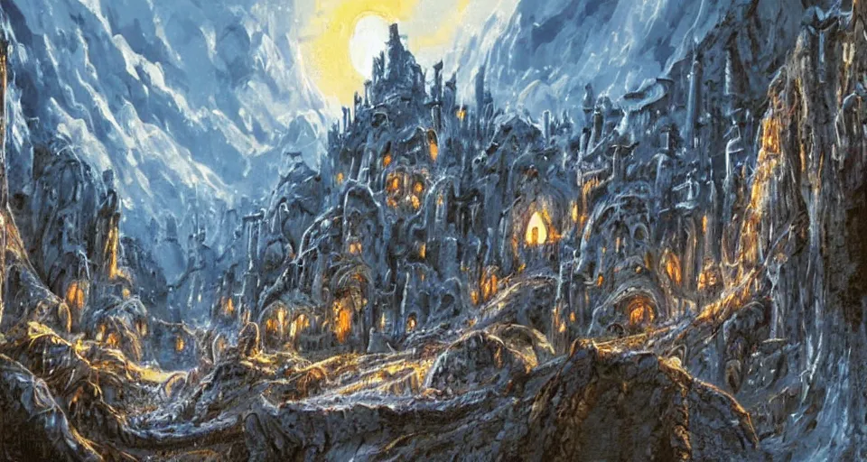 Prompt: Masterfully painted mspaint art piece of middle-earth's 'Mines of Moria' painted by Makoto Shinkai and Studio Ghibli. View from underground within ancient dwarven mining equipment and architecture. Amazing beautiful incredible wow awe-inspiring fantastic masterpiece gorgeous fascinating glorious great.