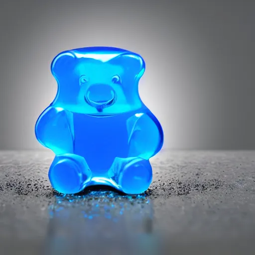 Prompt: blue gummy bear sitting on chocolate bar, octane render