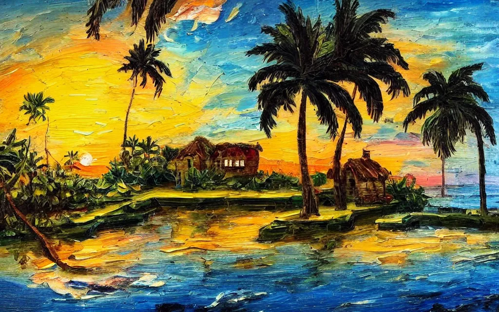 Image similar to a tiny island surrounded by water with a cozy cottage, with a paved garden courtyard with benches, palm trees, river, sunset, puffy clouds, dramatic and dynamic lighting, thick brush strokes oil impasto painting