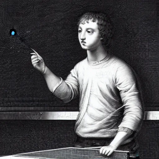 Image similar to portrait of a mark zuckerberg playing ping pong, gothic, cat eyes, hair waving in the wind, high detail, illustration by gustav dore