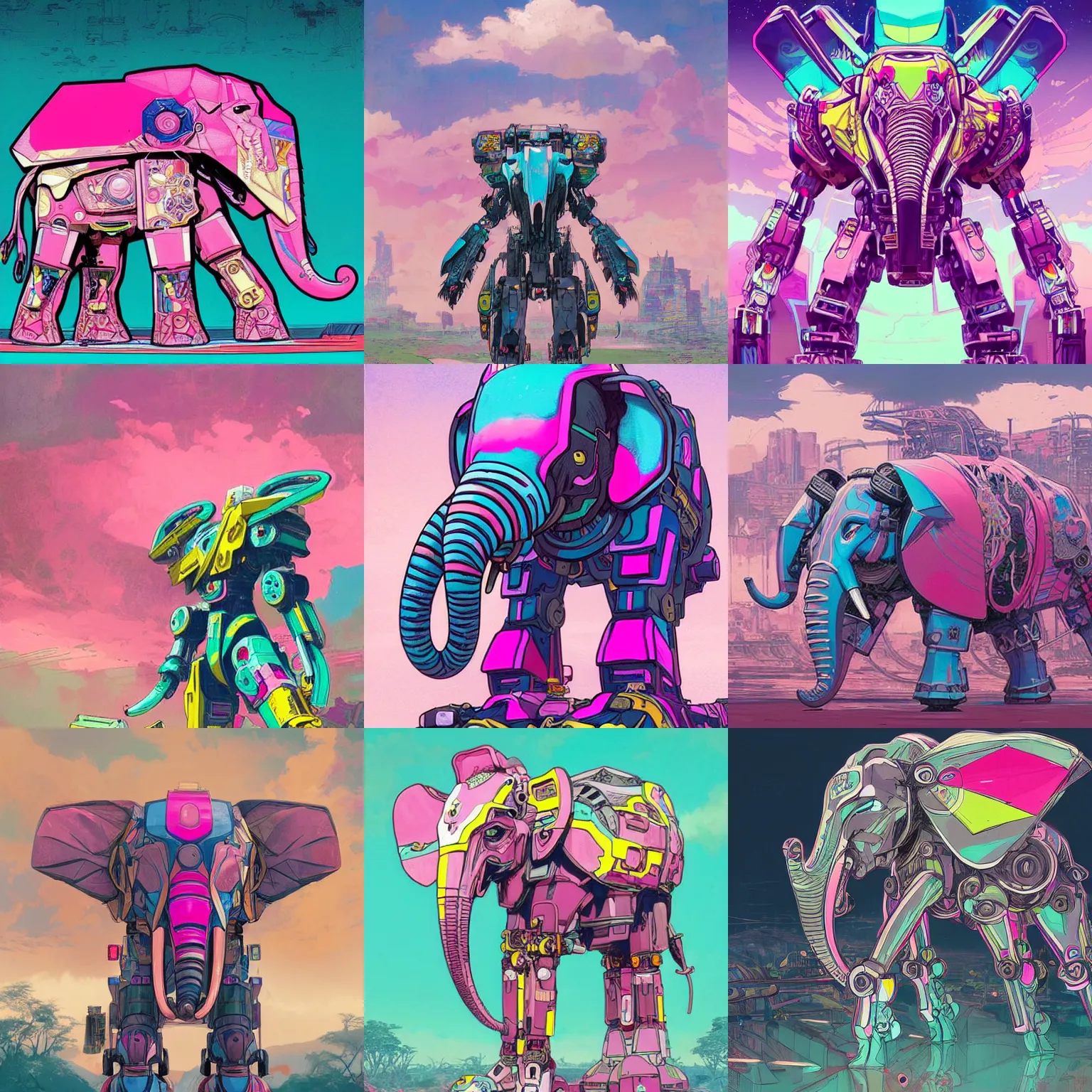 Prompt: Mecha Elephant, with vibrant pink, cyan, yellow and white colouring, with south african symbols!! in south african scrapyard!!!, highly detailed concept art, by Greg Rutkowski, alphonse Mucha and Laurie Greasley, resembles Nier Automata concept art