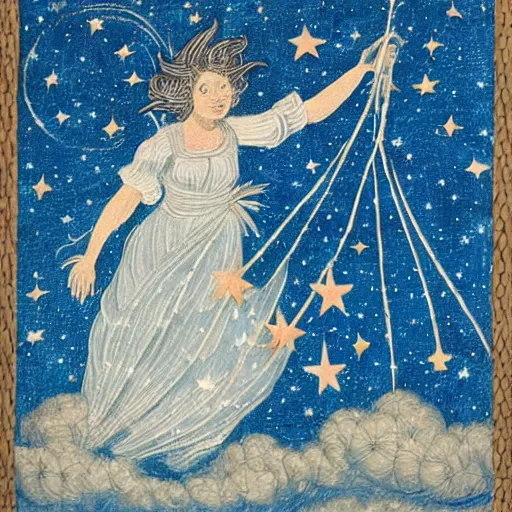 Image similar to The collage features a woman with wings made of stars, surrounded by a blue and white night sky. The woman is holding a staff in one hand, and a star in the other. She is wearing a billowing white dress, and her hair is blowing in the wind. leather, kokedama by Mark Briscoe terrifying