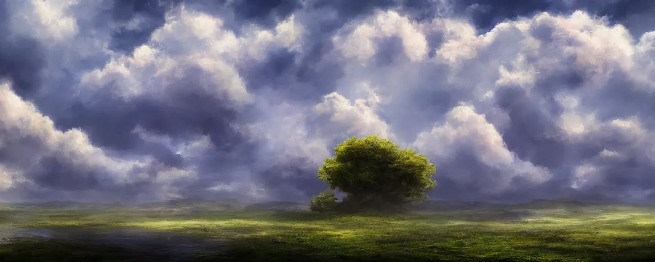 Image similar to peaceful puffy clouds, matte painting, concept art, 4k