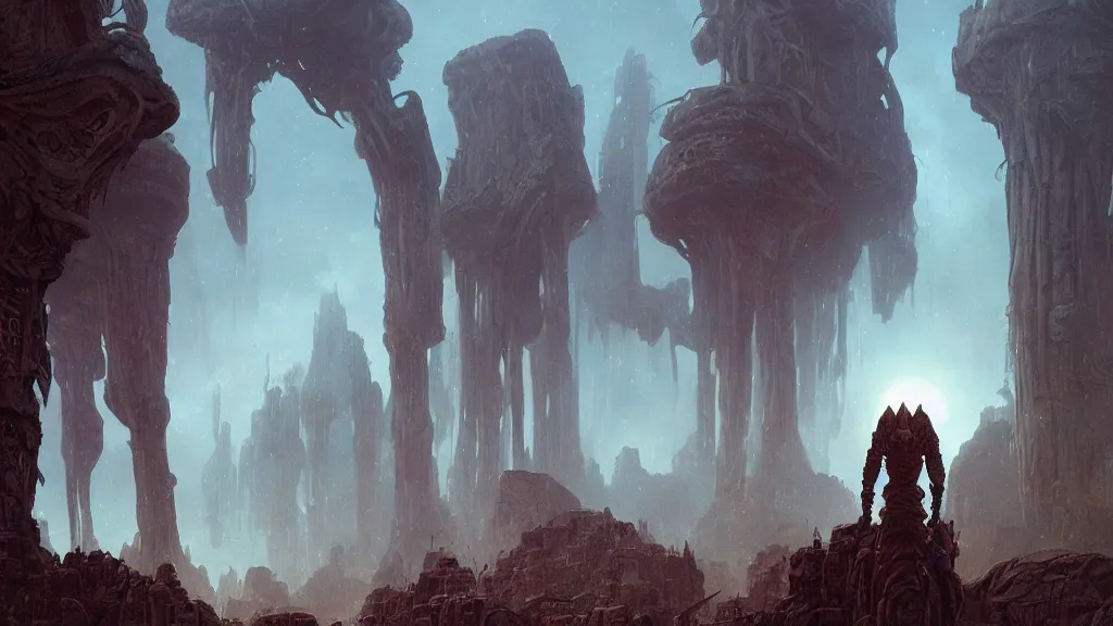 Image similar to eerie atmospheric alien planet with biomechanical plants and the ruins of civilization by les edwards and vincent di fate and anato finnstark, epic cinematic matte painting