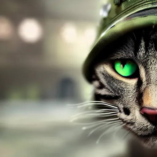 Image similar to cat soldier in call of duty warzone 4k, brown-green eyes ,high detail, high-resolution photograph, professional photography, ultra-detail