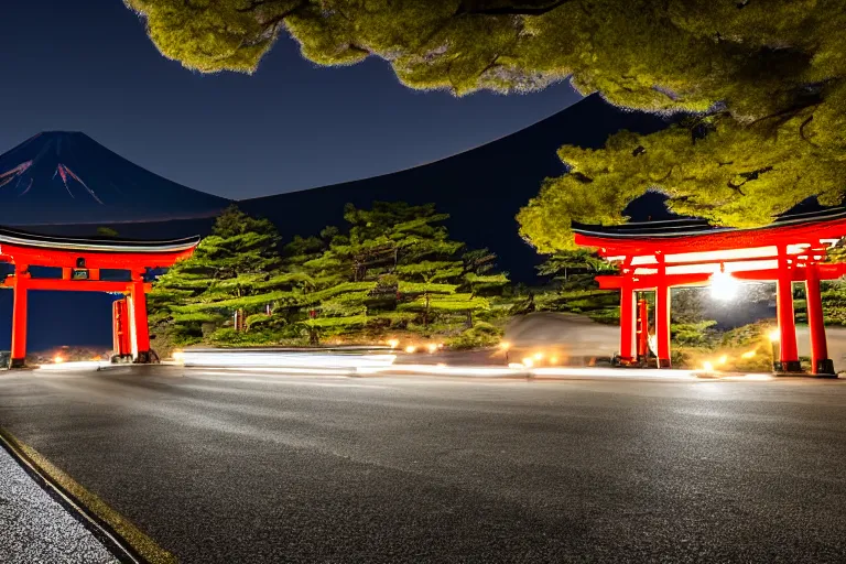 Image similar to A night photo of a school bus driving towards a Japanese Torii gate at Mount Fuji location in Japan, time travel, 4K, global illumination, ray tracing