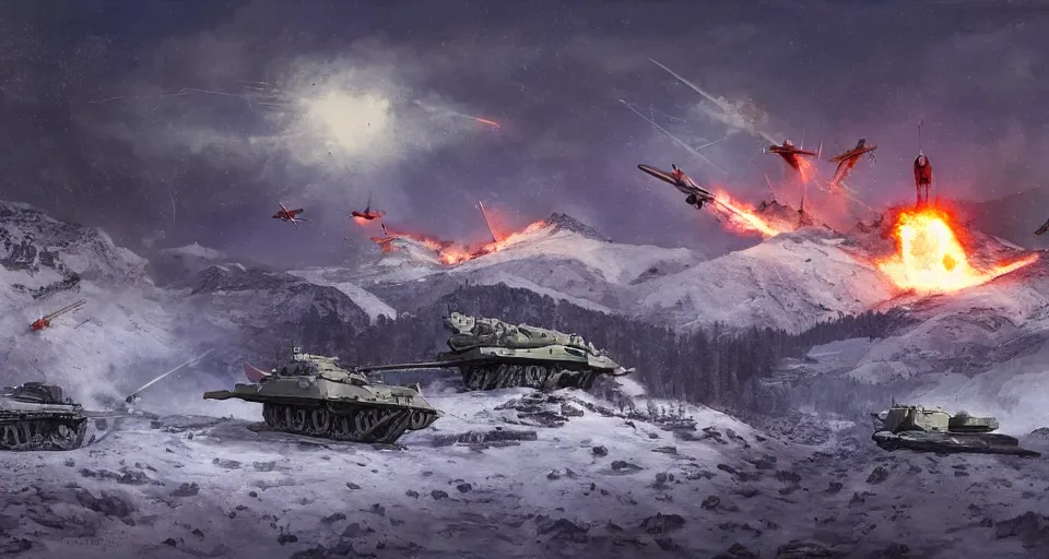 Image similar to snowy mountain, second world war fighting against ufo, aliens, tanks, jet fighters, missiles, with anti aircraft guns, with fire and smoke in the background by eugene von guerard, ivan shishkin, dramatic lighting, concept art, trending on artstation, 8 k