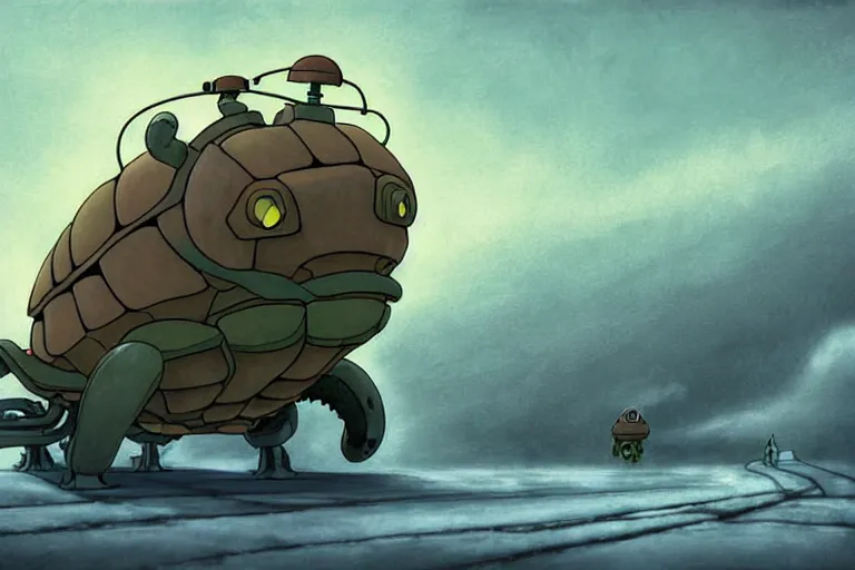 Prompt: cell shaded cartoon of a giant lovecraftian mechanized turtle from howl's moving castle ( 2 0 0 4 ), on an icy road in the mist, full body, wide shot, very muted colors, post grunge, studio ghibli, highly detailed, deviantart, art by artgem