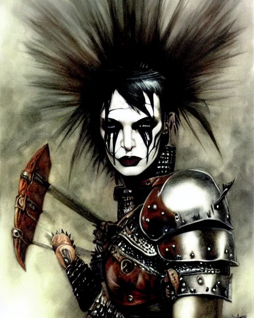 Image similar to portrait of a skinny punk goth warrior wearing armor by simon bisley, john blance, frank frazetta, fantasy, barbarian, hardcore