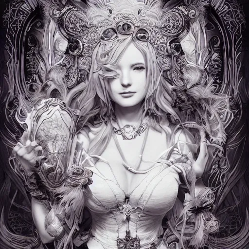 Image similar to the portrait of chaotic good female druid alchemist as absurdly beautiful, gorgeous, elegant, gravure idol, an ultrafine hyperdetailed illustration by kim jung gi, irakli nadar, intricate linework, sharp focus, bright colors, octopath traveler, final fantasy, unreal engine 5 highly rendered, global illumination, radiant light, detailed and intricate environment