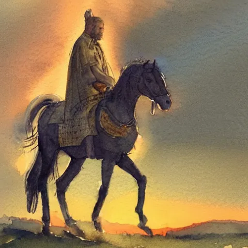 Prompt: watercolor painting of swedish king, riding a horse during sunset, by lars lerin, high detail
