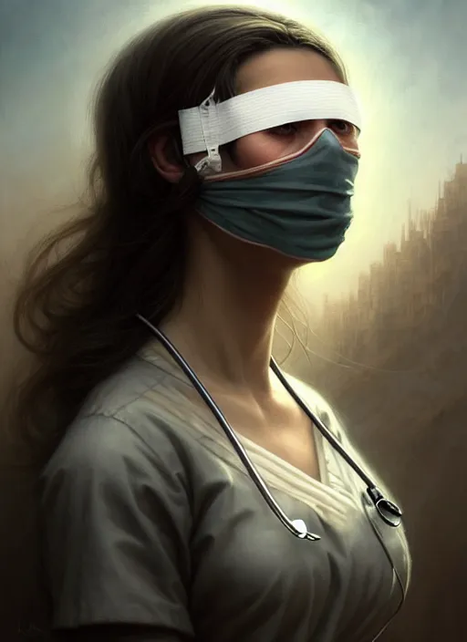 Image similar to closeup portrait shot of a nurse with bandages over eyes in a scenic dystopian environment, intricate, elegant, highly detailed, centered, digital painting, artstation, concept art, smooth, sharp focus, illustration, artgerm, tomasz alen kopera, peter mohrbacher, donato giancola, joseph christian leyendecker, wlop, boris vallejo