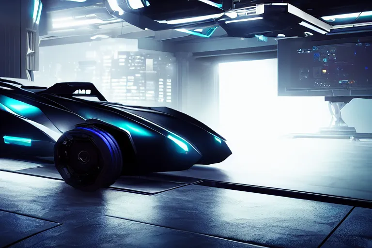 Image similar to cyberpunk batmobile concept inspired sports car, futuristic look, highly detailed body, very expensive, photorealistic camera shot, bright studio setting, studio lighting, crisp quality and light reflections, unreal engine 5 quality render