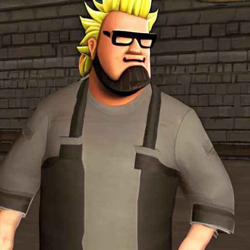 Prompt: in-game screenshot of Guy Fieri as a character in Team Fortress 2 (2007)