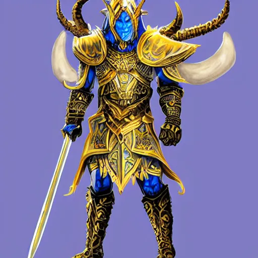 Image similar to concept art of a strong fantasy warrior wearing heavy elvish chitin shell armor blue and gold with two horns in the helmet in a battle while raising his heavy blade for victory