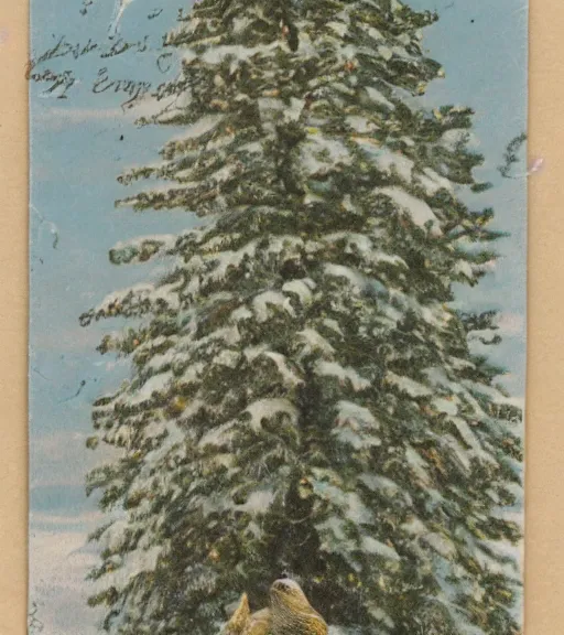 Image similar to tattered postcard of 'an eagle in the nest of a snowy pine tree', long shot, on table