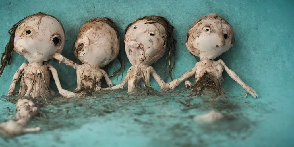 Prompt: underwater rotted dolls reaching to the surface, murky, disgusting, ghostlike