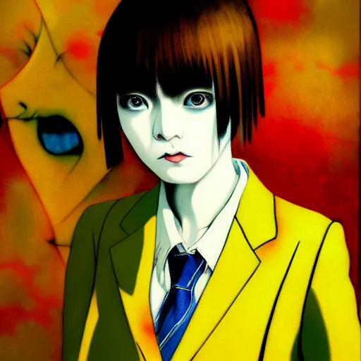 Image similar to yoshitaka amano blurred and dreamy realistic three quarter angle horror portrait of a sinister young woman with short hair and yellow eyes wearing office suit with tie, junji ito abstract patterns in the background, satoshi kon anime, noisy film grain effect, highly detailed, renaissance oil painting, weird portrait angle, blurred lost edges