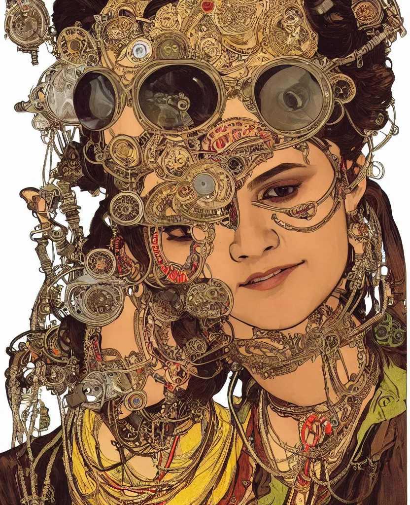 Prompt: face portrait of a kathakali dancer with traditional facepaint wearing madmax style steampunk goggles and steampunk jewelry, art by alphonse mucha, sticker, main head isolated on white background, one single head, closeup portrait, colorful, illustration, highly detailed and intricate, smooth and clean vector curves, no jagged lines, vector art, cgsociety, artstation, smooth