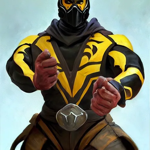 Image similar to greg manchess portrait painting of scorpion from mortal kombat as overwatch character, medium shot, asymmetrical, profile picture, organic painting, sunny day, matte painting, bold shapes, hard edges, street art, trending on artstation, by huang guangjian and gil elvgren and sachin teng