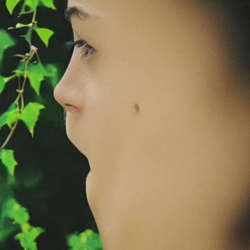 Image similar to “side profile of young woman with her eyes covered by vines”