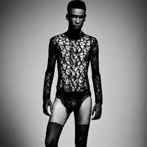 Prompt: a portrait of a beautiful young male wearing an alexander mcqueen bodysuit made of rock lace , photographed by andrew thomas huang, artistic