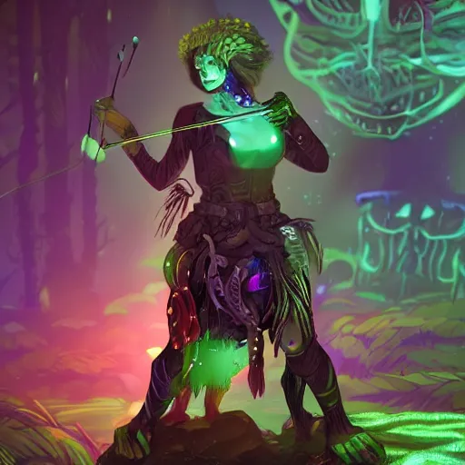 Image similar to a battle - scarred adventurer, she is surrounded by bioluminescence in a glowing alien jungle, fantasy