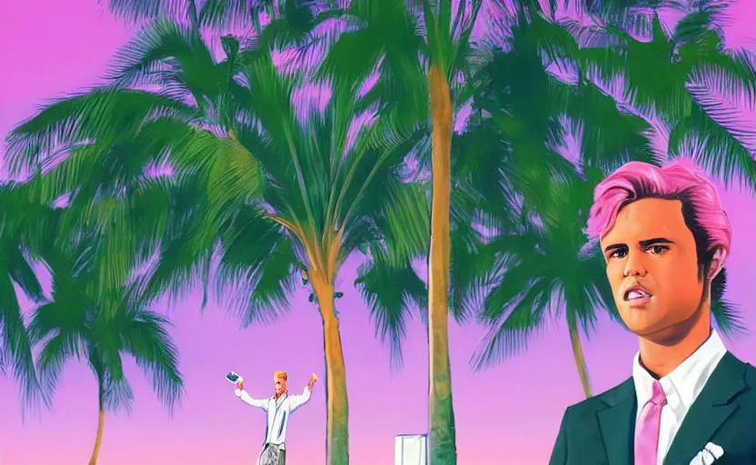 Prompt: photorealistic closeup on a yuppie with white suits and aviation glassen talking in a 8 0's cellphone. 8 0's style. palm trees and pink sky in the background. art by krzysztof tanajewski