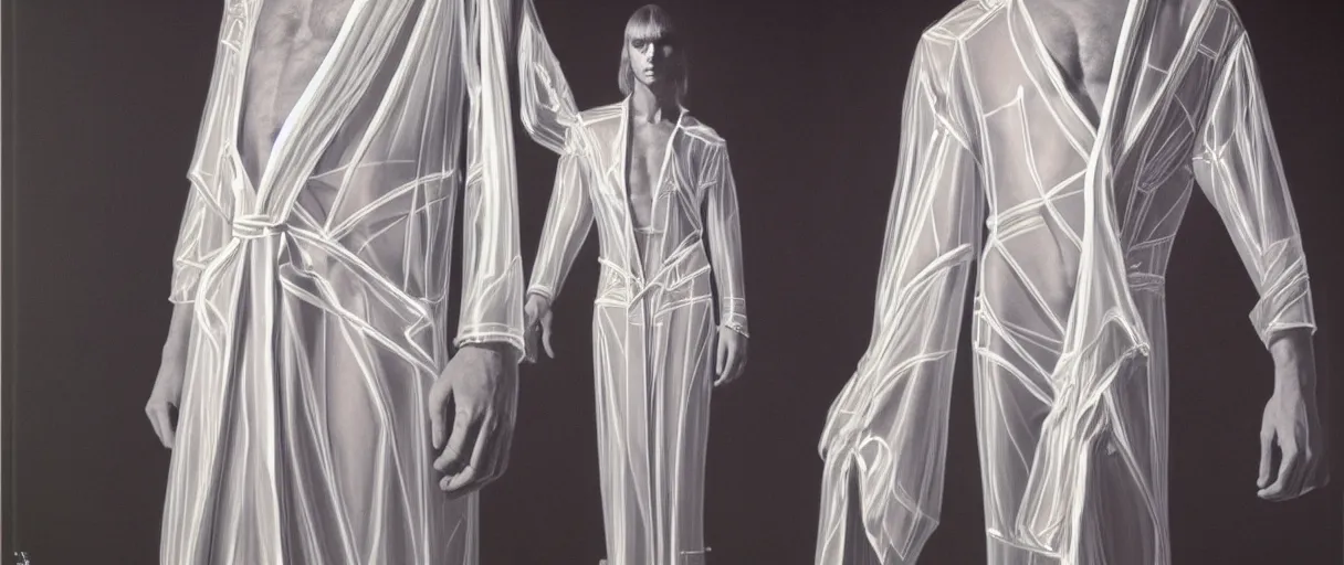 Prompt: hyperrealist highly detailed 1970 seventies portrait of obscure high fashion demon, intricate geometric translucent transparent see-through silk robes, concept art pascal blanche dramatic dramatic lighting 8k wide angle shallow depth of field